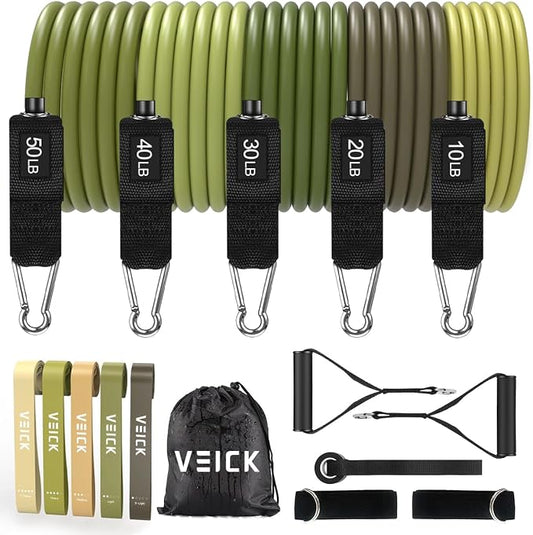 VEICK 10-150LBS Resistance Bands with Handles, Ankle Straps, Door Anchor | Accredited Lab Certified, 100% Natural Latex, Versatile for Yoga, Pilates, Strength, Home Gym