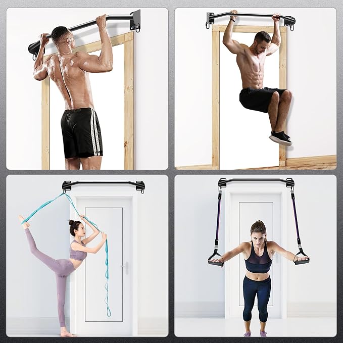 SELEWARE Heavy Duty Welded Pull Up Bar Wall/Joist/Ceiling Mount Chin Up Bar | Multifunctional Pull-up Bars w/Resistance Band Hooks for Home Gym Strength Training, Sturdy Steel Construction Support 500 lb