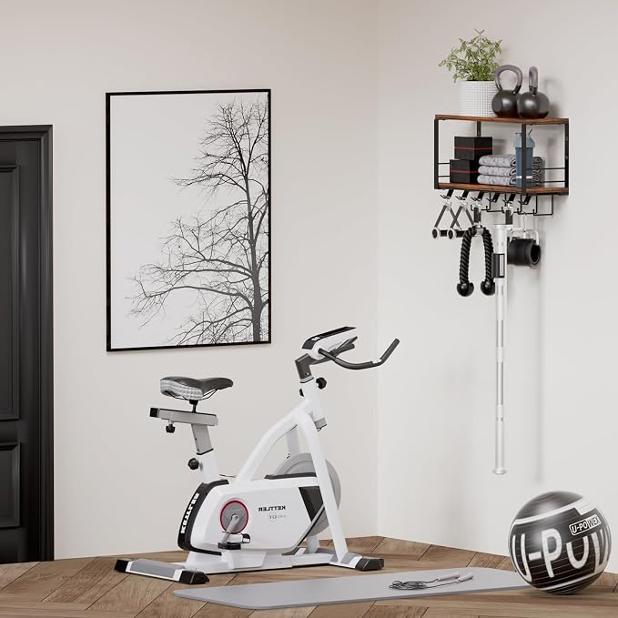 TJ.MOREE 2 Tier Floating Shelf Compatible with Tonal Accessories Wall Mount | Brown Woodeen Home Gym Storage Rack for Fitness Equipment, T-Bracket Lock Adapters Hanger