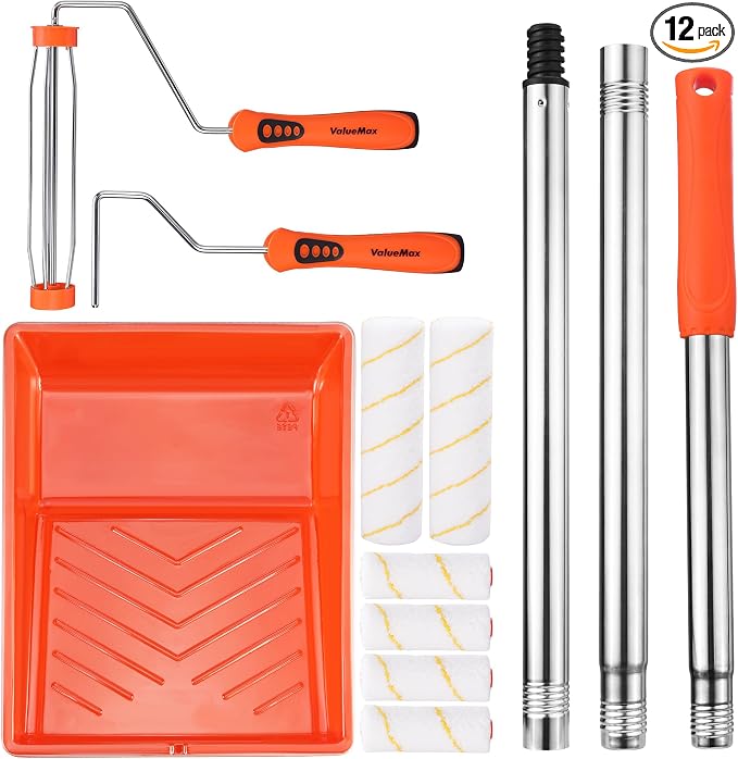 ValueMax 12PCS Paint Roller Kit with Tray, 9" & 4" Roller Frames, 6PCS Microfiber Replacement Covers 3/8" Nap, 3PCS Stainless Steel Extension Poles, for Walls, Ceilings, Floors, Furniture | 6 Microfiber Roller Covers, 3/8" Nap Thickness, Stainless Stee...