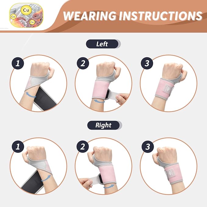 Copper Carpal Tunnel Wrist Brace, 2 Pack Wrist Support Wraps for Men Women, Adjustable Compression Wrist Brace for Tendonitis, Pain Relief, Arthritis, Sports, Work, Sleeping, Both Hands, Pink