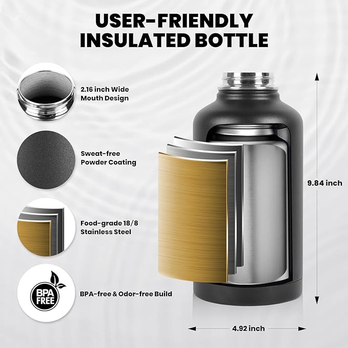 RAYMYLO Insulated Water Bottle 64 oz, Triple Wall Vacuum Stainless Steel (Cold for 48 Hrs), Leak Proof & Non-BPA, Half Gallon Water Flask Jug with Paracord Handle & Straw Spout Lids, Magic Black | (Cold for 48 Hrs), Leak Proof & Non-BPA, Half Gallon Wa...