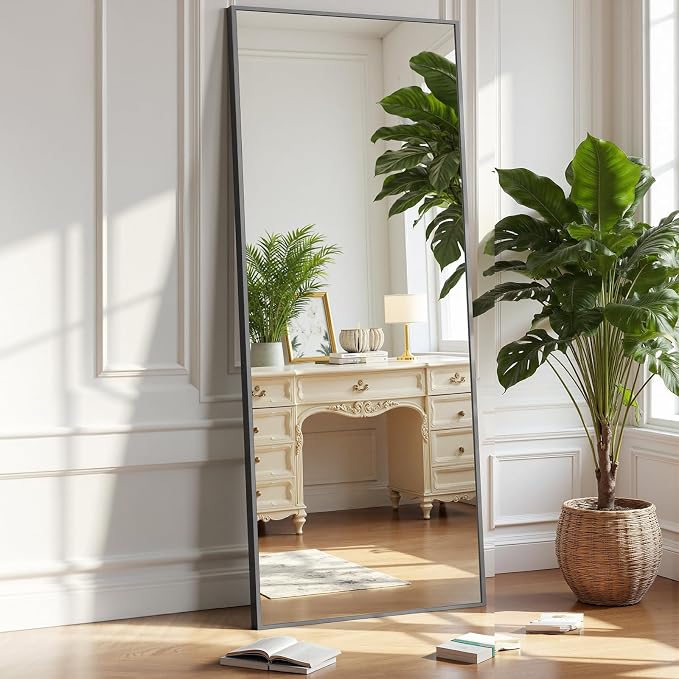 OLIXIS 59"x16.6" Full Length Mirror, Full Body Mirror with Stand | Aluminum Alloy Thin Frame, Free Standing Mirrors for Bedroom, Hanging or Leaning Floor, Living Room Bedroom, Black