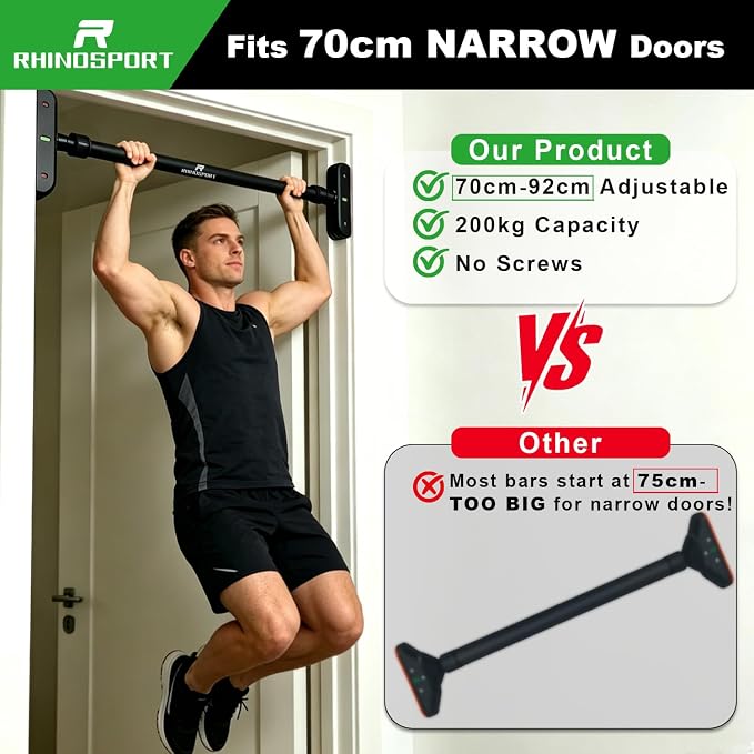 RHINOSPORT Door Pull Up Bar Doorway No-Screw from 69-92 cm (27.1in-36.2in) Workout Equipment for Home Gym Upper Body Workout Non-slip 2x EXTRA Foam Padding for Ultimate Door Frame Protection