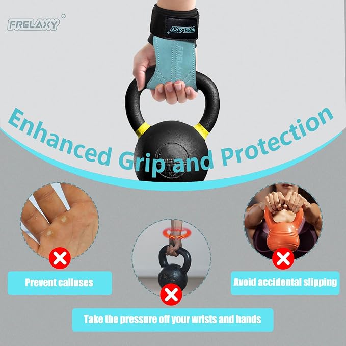 Frelaxy Lifting Wrist Straps for Women and Men, Weight Lifting Grips | Double-layer leather, Cushioned wrist support, Durable construction, Storage pouch, Deadlifts, rows, lat pulldowns