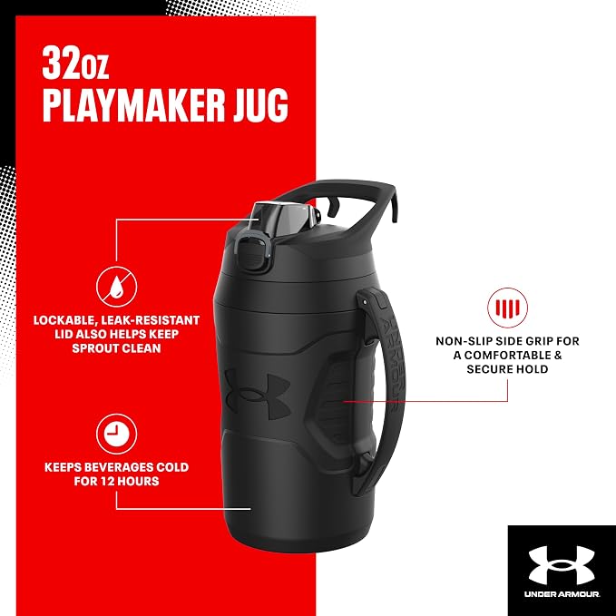 Under Armour 32 oz Insulated Water Bottles - Sports Jug with Handle, Fence Hook, Leak Resistant for Baseball, Football & More, 32 oz Water-Bottles, Sports Water Bottle Insulated (Pack of 4)