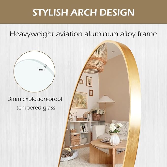 ZHUNFA Arched Full Length Floor Mirror, 64×21 Oval Full Floor Mirror | Large Wall Mounted Arched-Top Body for Living Room, Bedroom, Bathroom, Entryway, Dressing Room, gold