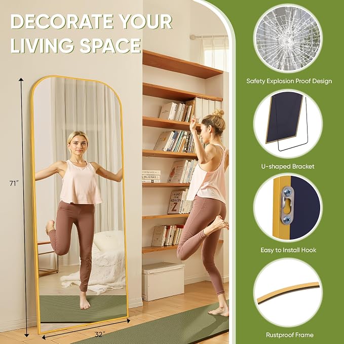 Full Length Mirror with Stand 71"x32" Floor Mirror Freestanding, Arched Floor Standing Large Mirrors Full Body Wall Hanging Leaning Home Decor for Bedroom & Living Room, Gold