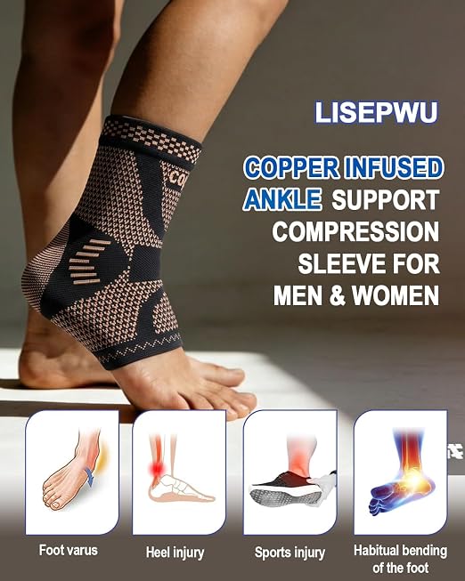 LISEPWU Copper Ankle Brace for Men & Women, Ankle Compression Sleeve 1 Pair | Copper Ankle Support Sleeve for Foot Pain, Sprained Ankle, Achilles Tendonitis, Plantar Fasciitis, Daily Protection (XXL)