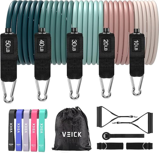VEICK 10-150LBS Resistance Bands with Handles, Ankle Straps, Door Anchor | Accredited Lab Certified, 100% Natural Latex, Versatile for Yoga, Pilates, Strength, Home Gym