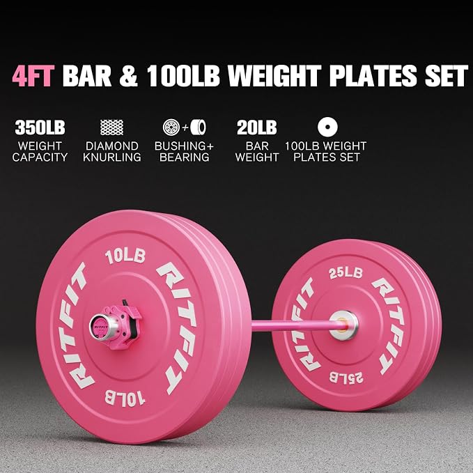 RitFit Barbell Weight Set - 4/6FT Olympic Barbell with Weight Plates (55-115LB Total) - Weightlifting Equipment for Squats, Curls, Deadlifts, Presses, Hip Thrusts