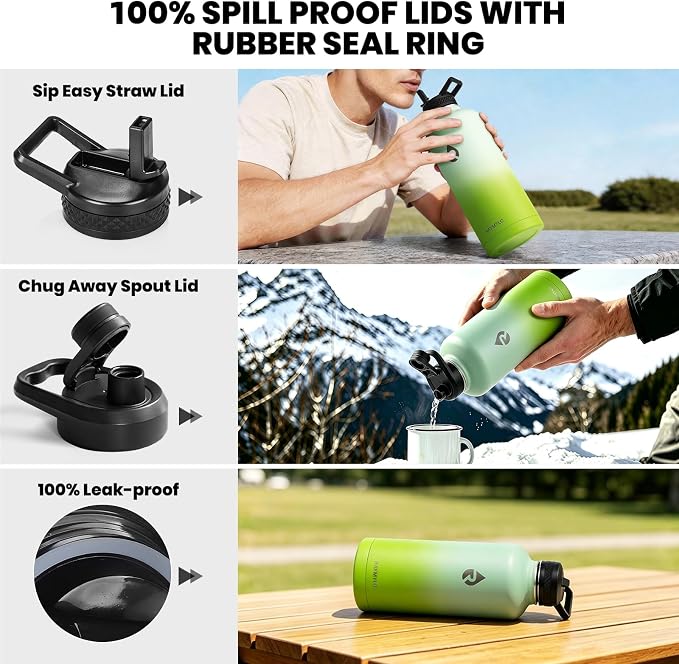 RAYMYLO Insulated Water Bottle 87 oz, Triple Wall Vacuum Stainless Steel | Cold for 48 Hrs), Leak Proof & Non-BPA, Modern Water Flask Jug with Paracord Handle & Straw Spout Lids, Ombre Green