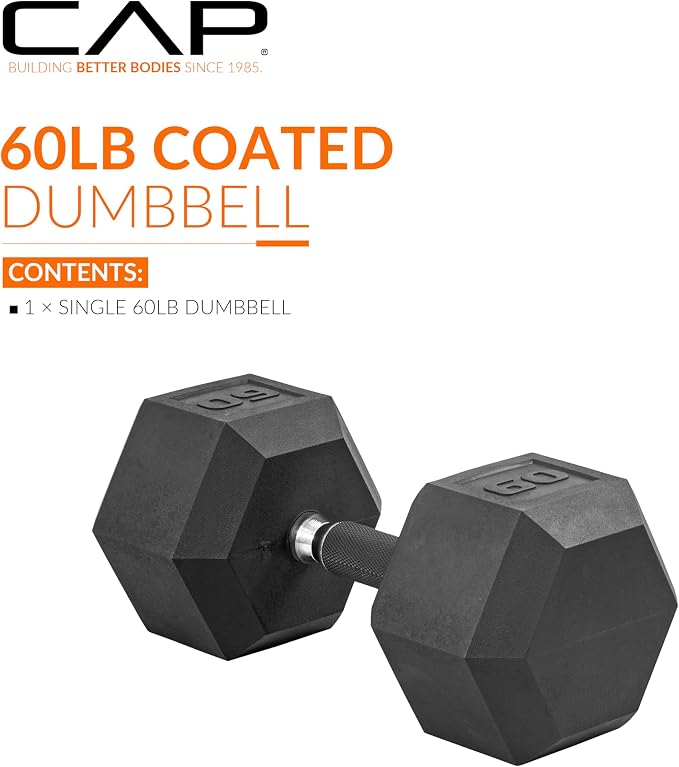 CAP Rubber Coated Dumbbell Weights, Free Weights for Home Gym Strength Training, Anti-Roll Hex Dumbbells with Black, Chrome & Comfort Grip Handles, Singles