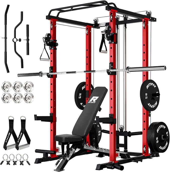 RitFit PPC-P3 Power Cage with Cable Crossover System, 1200LB Capacity | LAT Pulldown & Cable Crossover System with Bumper Plate Set, Olympic Barbell, Bench