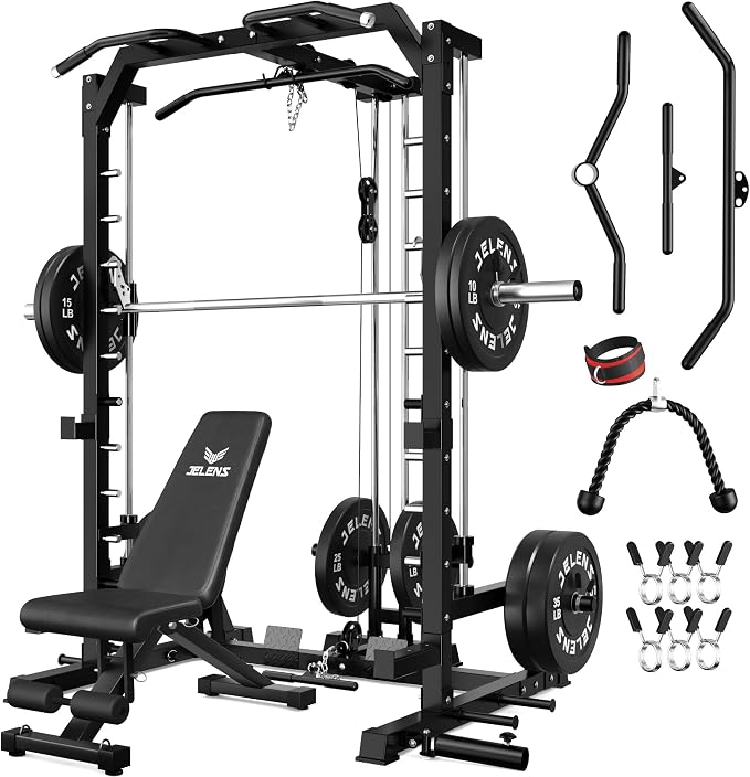 SR01 Smith Machine, 2000LBS Multi-Function Power Cage with LAT Pulldown System, All-in-One Home Gym Squat Rack with Smith Bar and Training Attachments for Full Body Workouts