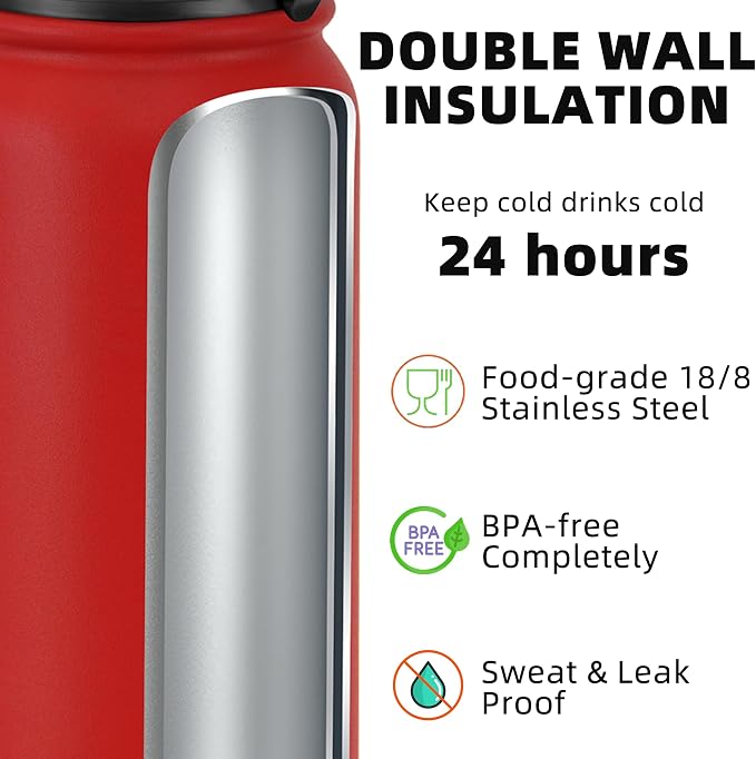 Fanhaw 24 oz Insulated Stainless Steel Water Bottle with Anti-Dust Chug Lid, Leakproof Vacuum Metal Everyday Use Bottle for Kids, Teens & Adults, Back to School Essentials (Red)