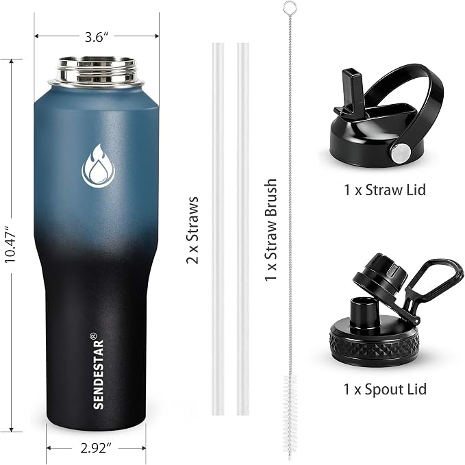 SENDESTAR Water Bottle 32oz,2 Lids(Straw lid),Wide Mouth Stainless Steel Vacuum Insulated Double Wall Keep Liquids Cold or Hot All Day,Sweat Proof Sport Design,Fit Car Cup Holder
