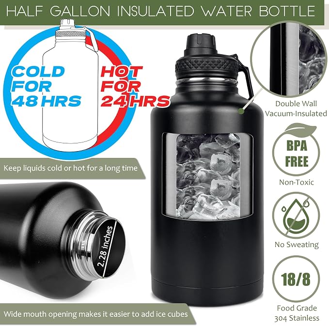 DEFUNX 64 Oz Water Bottle Gym Water Bottles for Men Half Gallon Insulated Water Jug with Sleeve and Strap Stainless Steel Large Sports Bottle Workout Hiking All Black