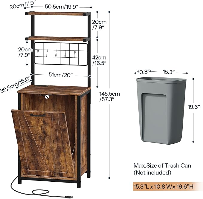 HOOBRO Bakers Rack with Power Outlet, Microwave Stand with Trash Can Storage, 3-Tier Coffee Bar Table with Storage Shelf for Kitchen, Dining Room, Living Room, Rustic Brown and Black BF22UHB01G1