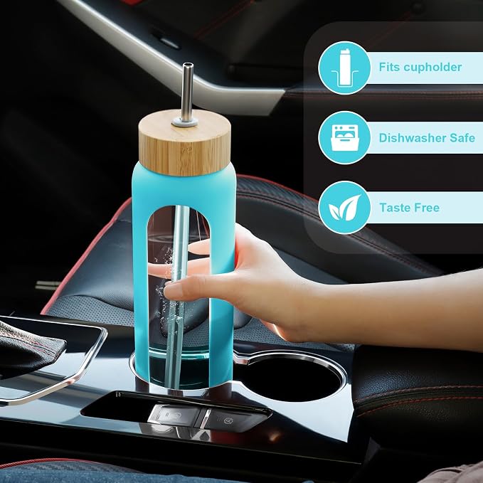 FULBEVY 32 oz Glass Water Bottles - 1 Liter Motivational Tumbler Water Bottle Time Marker - Borosilicate Glass Water Bottle With Silicone Sleeve and 2 Lids, Handle Spout & Bamboo Straw Lid (Teal)