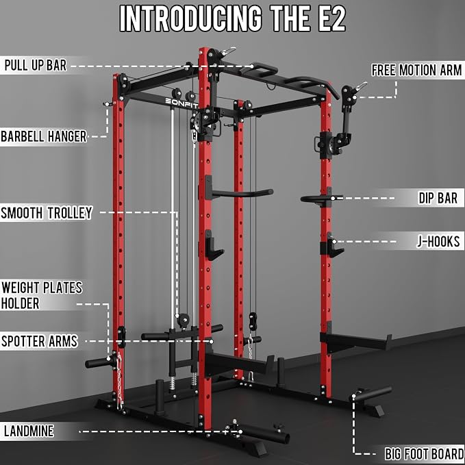 Eonfit E2 Power Rack, Squat Rack with Cable Crossover for Home Gym | Power cage with Pivot Arms Functional Trainer Pulley System Lat Pull Down For Garage Gym Strength Training