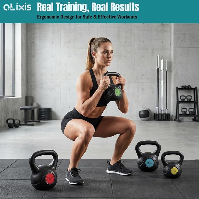 OLIXIS Hard Kettlebell Sets Strength Training KettleBells Weight Set | Coated Concrete Kettlebells, Wide Handle & Bottom, Weight Workout Exercise Equipment for Home Gym Outdoor