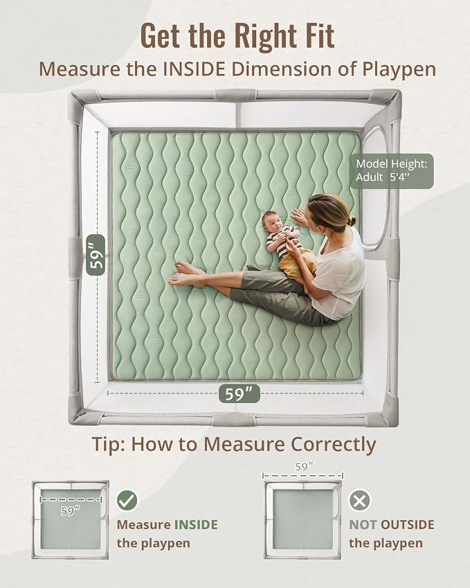 Blissful Diary Baby Play Mats for Floor, 59x59 Inch Thicker and Larger Soft Cushioning Foam Playmats for Babies and Toddlers, Foldable Washable Baby Playpen Mat, Sage Green