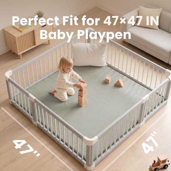 Huloo Sleep Baby Play Mat 47x47 Inches, 1.3" Thick Padded Waterproof Floor Cushion & Playpen Mat with Vegan Leather, Non-Slip & Non-Toxic Nursery Rug for Infants, Toddlers & Kids(Grey)