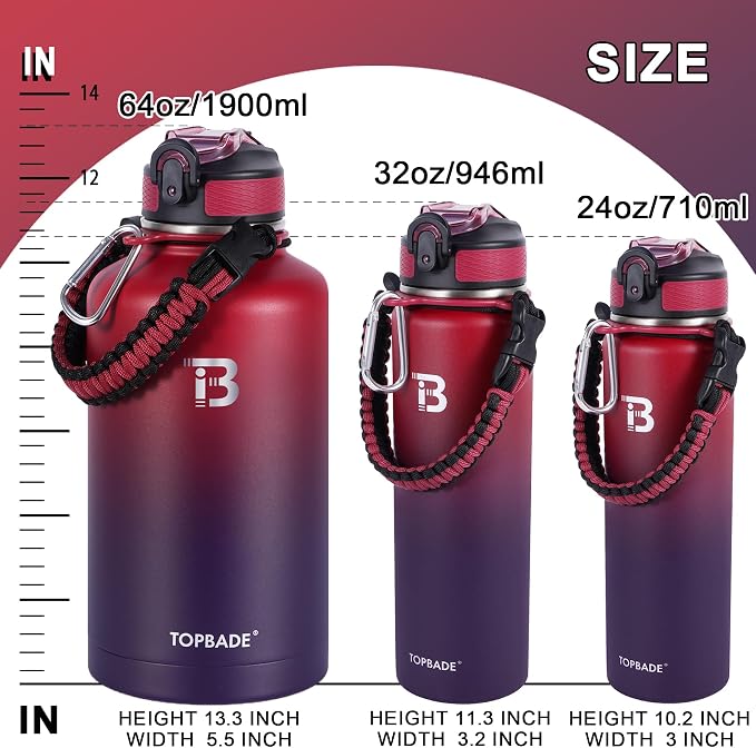 TOPBADE 32oz Insulated Water Bottle with Straw Lid & Spout Lid & Paracord Handle, Stainless Steel Water Bottle Wide Mouth, Double Wall for Women Men Gym Fitness Outdoor