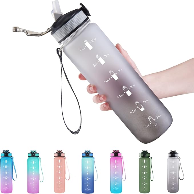EYQ 32oz Water Bottle with Straw, Time Marker, Blue Purple | Blue Purple Tritan, BPA Free, Time Marker, Leakproof Lock Lid, Wide Mouth, for Gym, School, Office and Travel