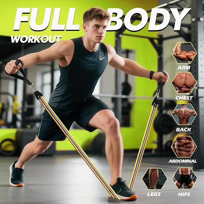 WHATAFIT Resistance Bands with Handles, 5-Level Exercise Bands for Workout | Natural latex,10-50 lbs, stackable to 150,Ankle Straps, Door Anchor,Guide. For Strength, Yoga,Home Gym,Travel & Workout.