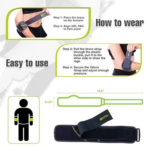 Black Tennis Elbow Brace: Arm Band for Tennis Elbow, Golfer Elbow and Forearm Support, Neoprene Wraps and Strap, Braces for Men and Women