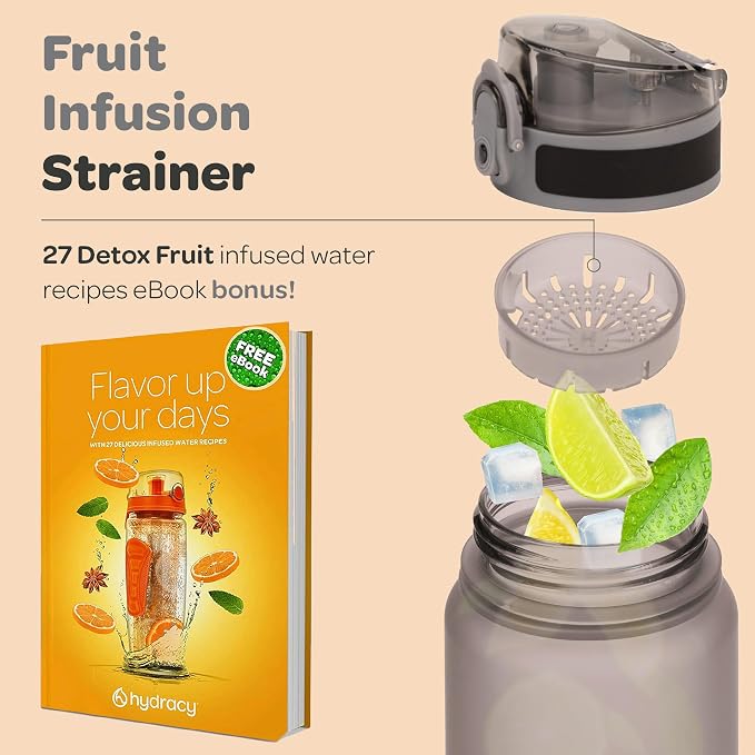 Hydracy Motivational Water Bottle with Time Marker & Fruit Infuser 32 oz | BPA-Free Tritan, Leakproof Flip-Top Lid,No-Sweat Sleeve,Carry Strap,Daily Intake Tracking for Gym,Sports,Outdoors