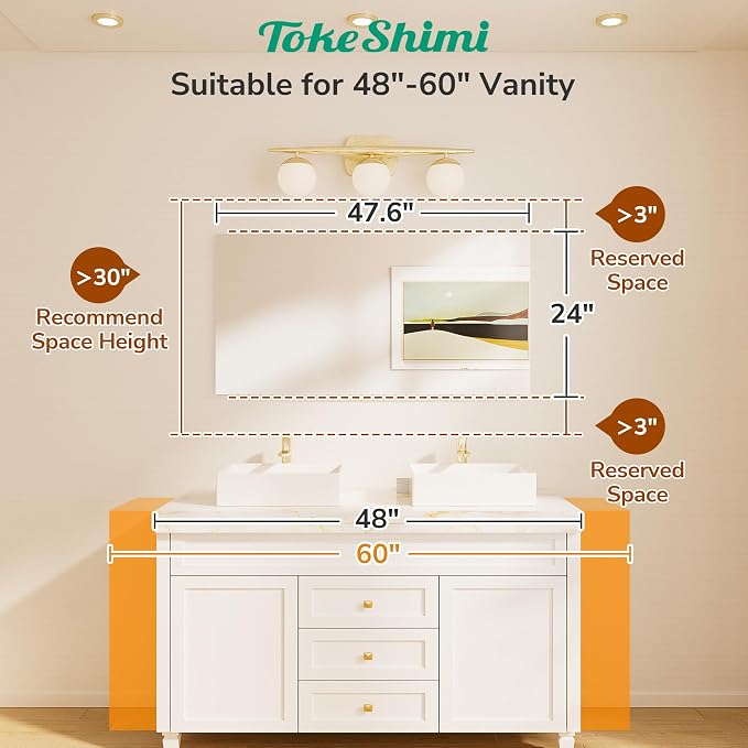TokeShimi 48x24 Frameless Bathroom Mirror, Vanity Bathroom Mirror for Wall Shatterproof Modern Rectangle Mirrors for Bedroom, Living Room, Entryway, Home Gym, Entryway