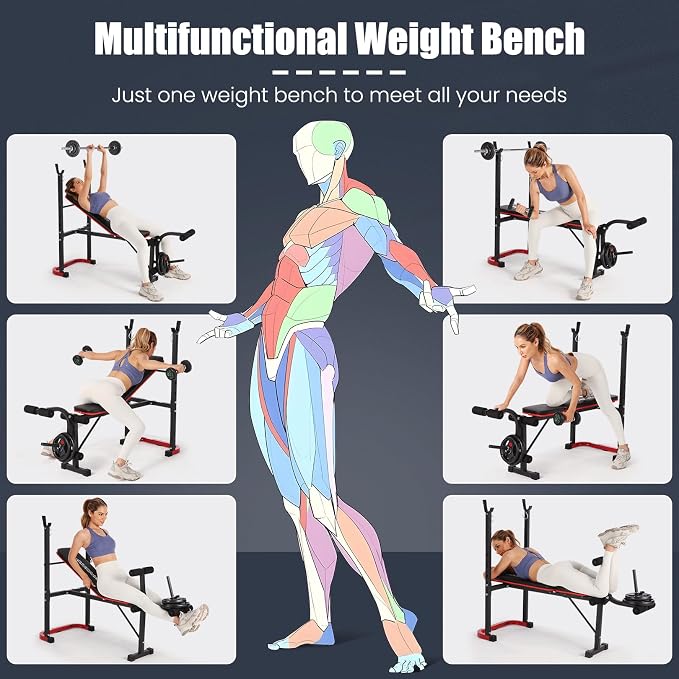 OPPSDECOR 661LBS Weight Bench Set, 8 in 1 Adjustable Bench Press with Squat Rack Leg Extension & Leg Curl Foldable Workout Bench with Safety Bar Catches Standard Weight Training Benches for Home Gym