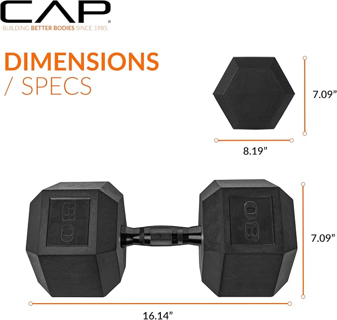 CAP Rubber Coated Dumbbell Weights, Free Weights for Home Gym Strength Training, Anti-Roll Hex Dumbbells with Black, Chrome & Comfort Grip Handles, Pairs & Sets