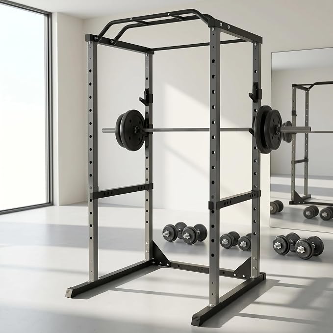 Squat Rack with Protection Arm, 1200 Lbs Capacitys All in One Power Cage, 44.3 x 45.6 x 81.5 Inch, 14.0 sq.ft Footprint Adjustable Fitness Power Gym Cage for Home Gym