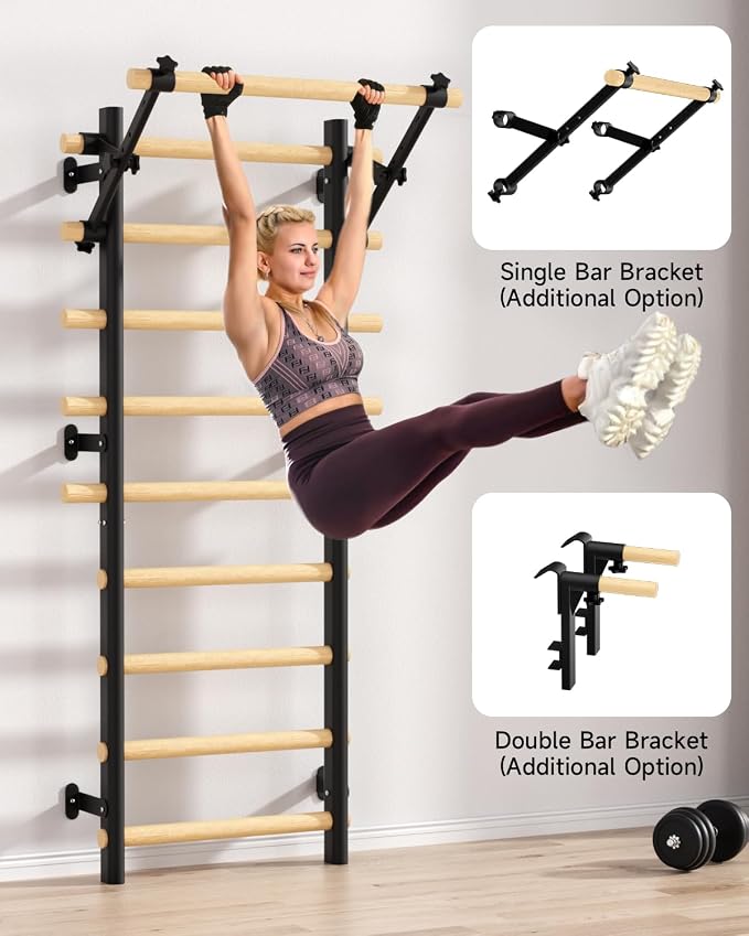 Swedish Ladder Wall Gym, Wooden Wall-Mounted Stall Bars with Pull-up Bar & Exercise Straps & Dip Bars, Stretching Ladder Full Body Home Gym Adults New