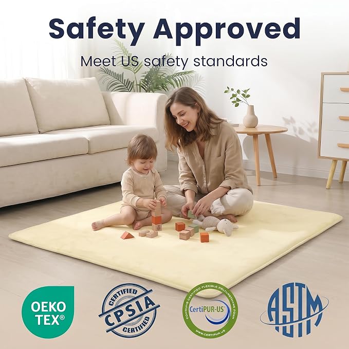 Baby Play Mat for Floor,1.3" Thick Elasti-Foam 74"×50" Playpen Mat, Non-Toxic Certified Water-Repellent Coral Velvet, Non-Slip Safe Crawling Mat for Tummy Time, Toddler & Infant(Vanilla)