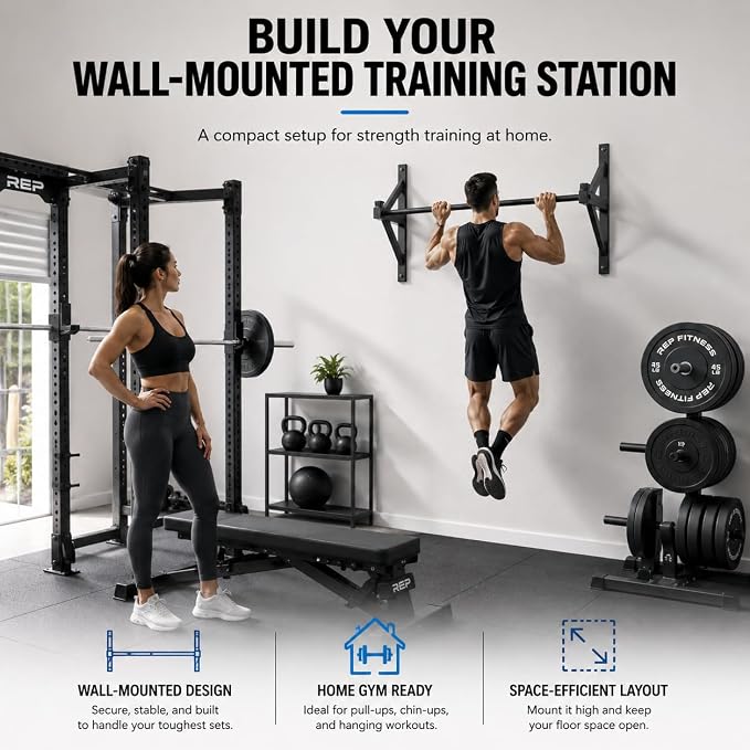 REP Fitness Heavy Duty Pull-Up Bar, Wall Mounted Multi-Grip or Bare Steel Straight Option, Home Gym Exercise Equipment for Chin Training, Garage Strength Workouts, Rings, Straps