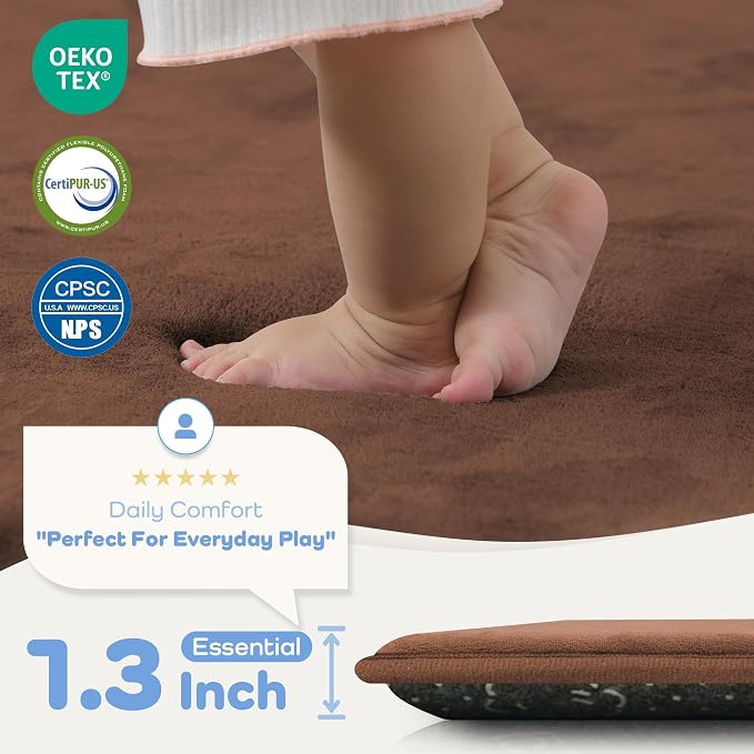 1.3" Thick Baby Floor Play Mat 50x50 Padded Foam Mat for Kids Brown | Memory Mat for Baby to Play on Floor Waterproof Easy Care with Non-Slip Tummy Time Play Mat for Nursery Playroom Classroom