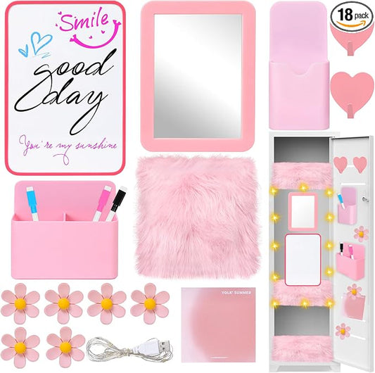 18 PCS Pink Locker Accessories Kit Back to School Locker Decorations Supplies for Girls Includes Whiteboard Mirror Organizer Markers Hook Rug String Lights Sticky Notes and Cute Flower Magnets