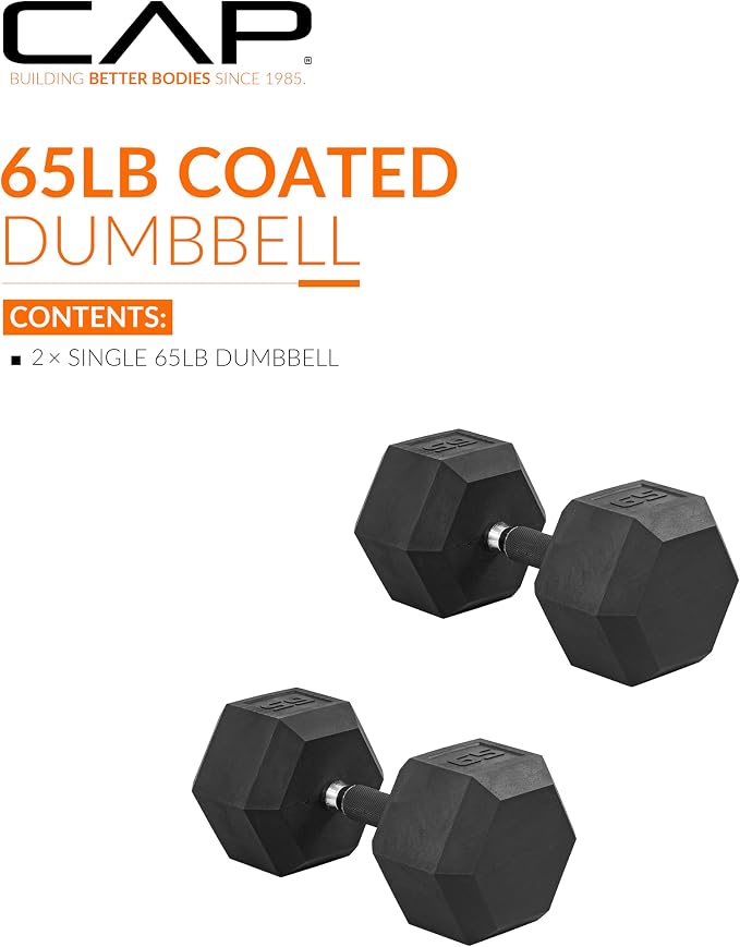 CAP Rubber Coated Dumbbell Weights, Free Weights for Home Gym Strength Training, Anti-Roll Hex Dumbbells with Black, Chrome & Comfort Grip Handles, Pairs & Sets