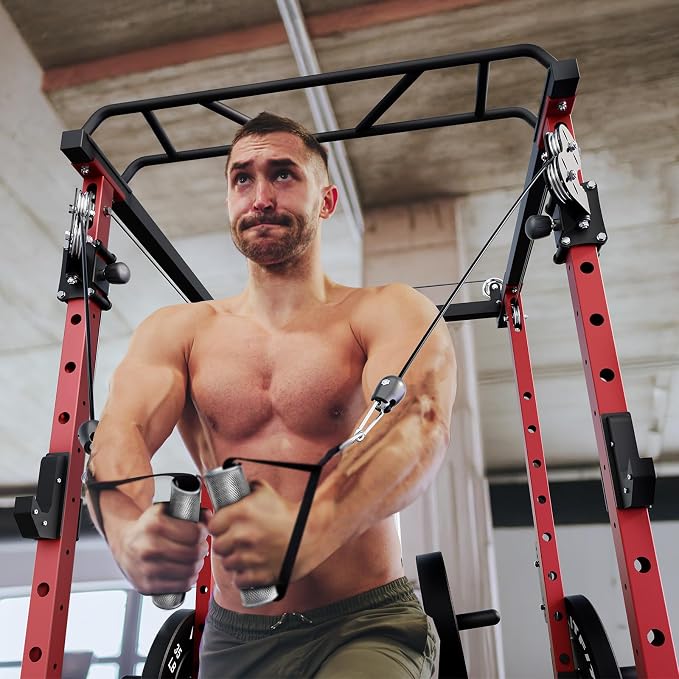 RitFit PPC-P3 Power Cage with Cable Crossover System, 1200LB Capacity | LAT Pulldown & Cable Crossover System with Bumper Plate Set, Olympic Barbell, Bench