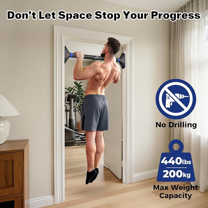 Sportneer Pull Up Bar for Doorway, No-Drill, 29.5-37 in, 440 lb | No-Drill, Adjustable 29.5-37 in, 440 lb, Doorway Fit, Secure Lock, Home Gym, Strength Training