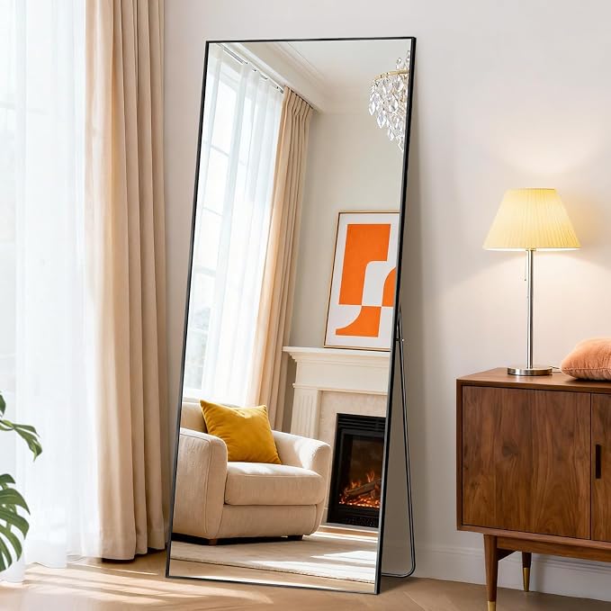 NEWBULIG 56"x21" Full Length Mirror, Full Body Standing Mirror, Black | Leaning or Standing, Tempered Glass, Aluminum Alloy Thin Frame Floor Stand for Bedroom, Cloakroom