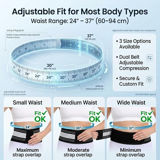 Lightweight Back Brace for Women Men, Pain Relieving Wide Lumbar Support | Adjustable Dual Compression Support Belt Alleviates Lower Back, Hip, Sciatica Pain – Ideal for Work, Exercise & Daily Wear