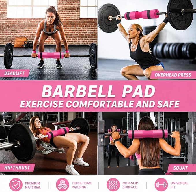 SINYWAY Barbell Pad Set for Squat,10 PCS Hip Thrusts Workout Foam Weight Lifting Bar Cushion with 2 Gym Ankle Straps,3 Hip Resistance Bands,2 Lifting Strap,Barbell Pad and Carry Bag