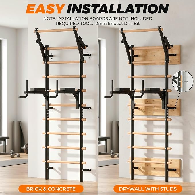 LIFERUN Swedish Ladder Wall Gym with Adjustable Pull-Up & Dip Bar | 92" Solid Beechwood, 264Lbs Capacity, Wall Mounted 9 Anchor Rods, Ideal for Home, School, Therapy & Gymnastics Training
