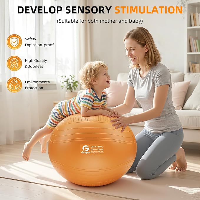 Gruper Yoga Ball, Extra Thick Non Slip Exercise Ball for Workout, Yoga, Pregnancy, 4 Sizes Anti Burst Chair for Home and Office, Includes Foot Pump & Fitness Guide